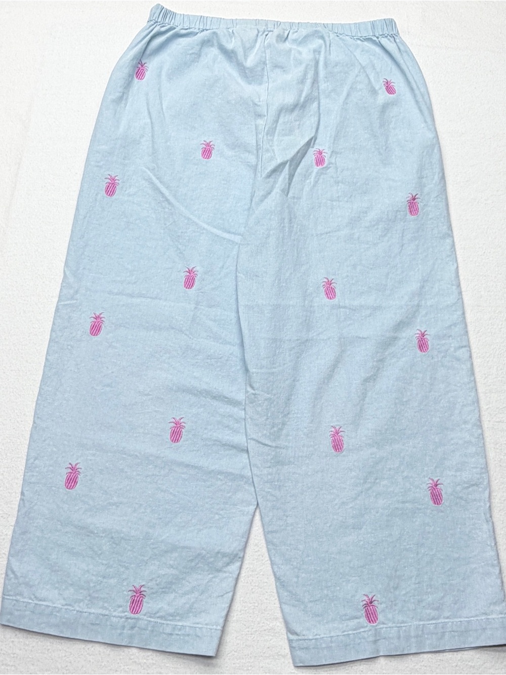 Linen Cotton Crop Pants Women’s L Blue Pink Pineapple Embroidered Elastic Waist